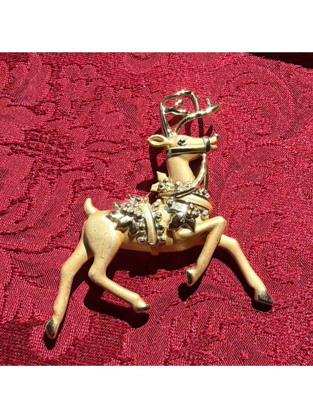 Vintage Gold Tone Enamel Christmas Reindeer Brooch Pin Prancing Stag Holiday 3"